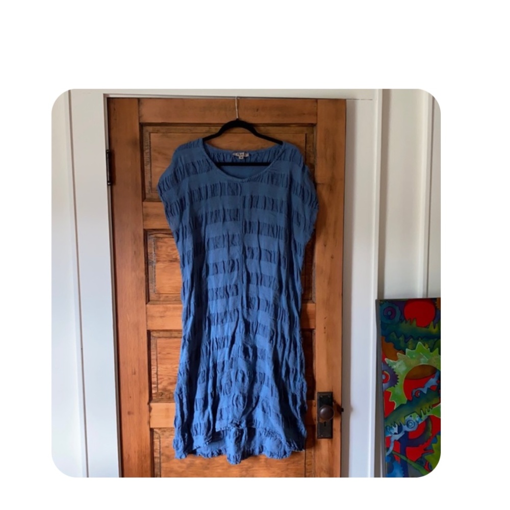 FLAX linen dress L,, blue, crinkled, NWOT, hi-lo